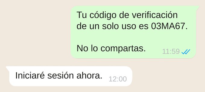 Conversación de autenticación: la empresa envía un código de verificación de un solo uso y pide no compartirlo