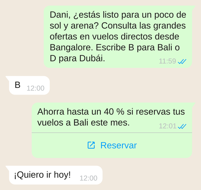 Conversación de marketing: la empresa ofrece vuelos con descuento y el cliente responde eligiendo un destino