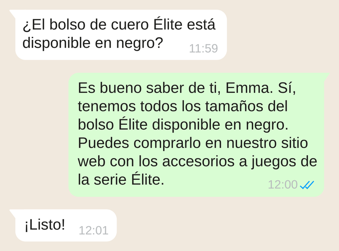 Conversación de servicio: el cliente pregunta si un bolso está disponible en negro y la empresa responde que sí y le indica dónde comprarlo